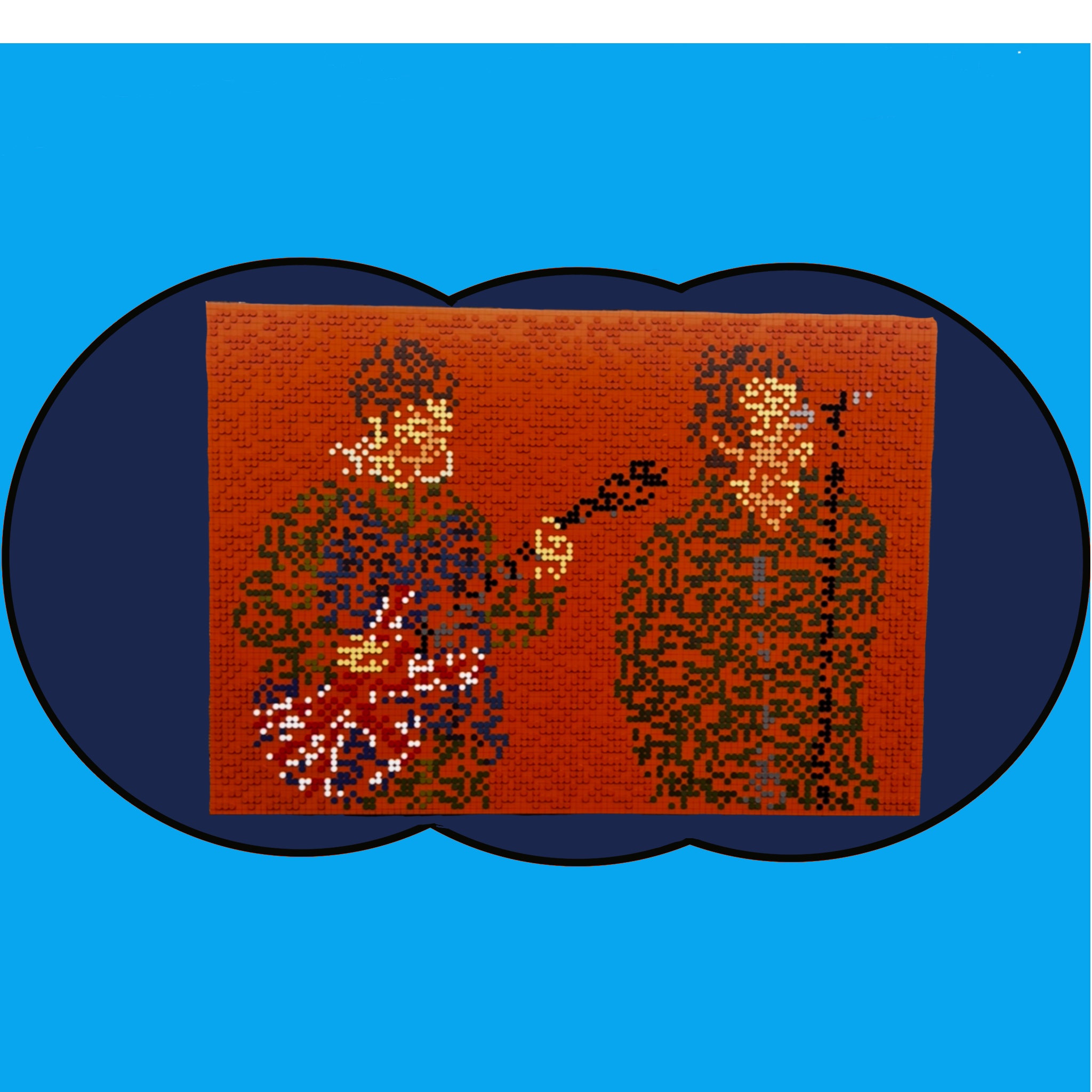 A tactile artwork made of colored Braille dots depicting two figures inspired by Oasis, with Braille lyrics embedded from Don’t Look Back in Anger, Wonderwall, and Roll With It, set against a red background.